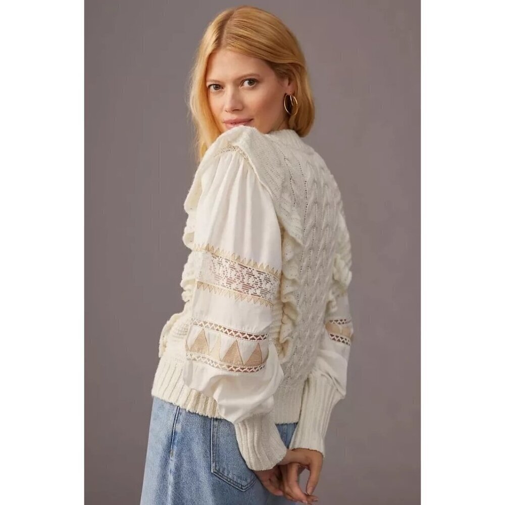 Anthropologie Cable Knit Ivory Ruffle Puff Sleeve Lace Sweater Size M NWT BOHO